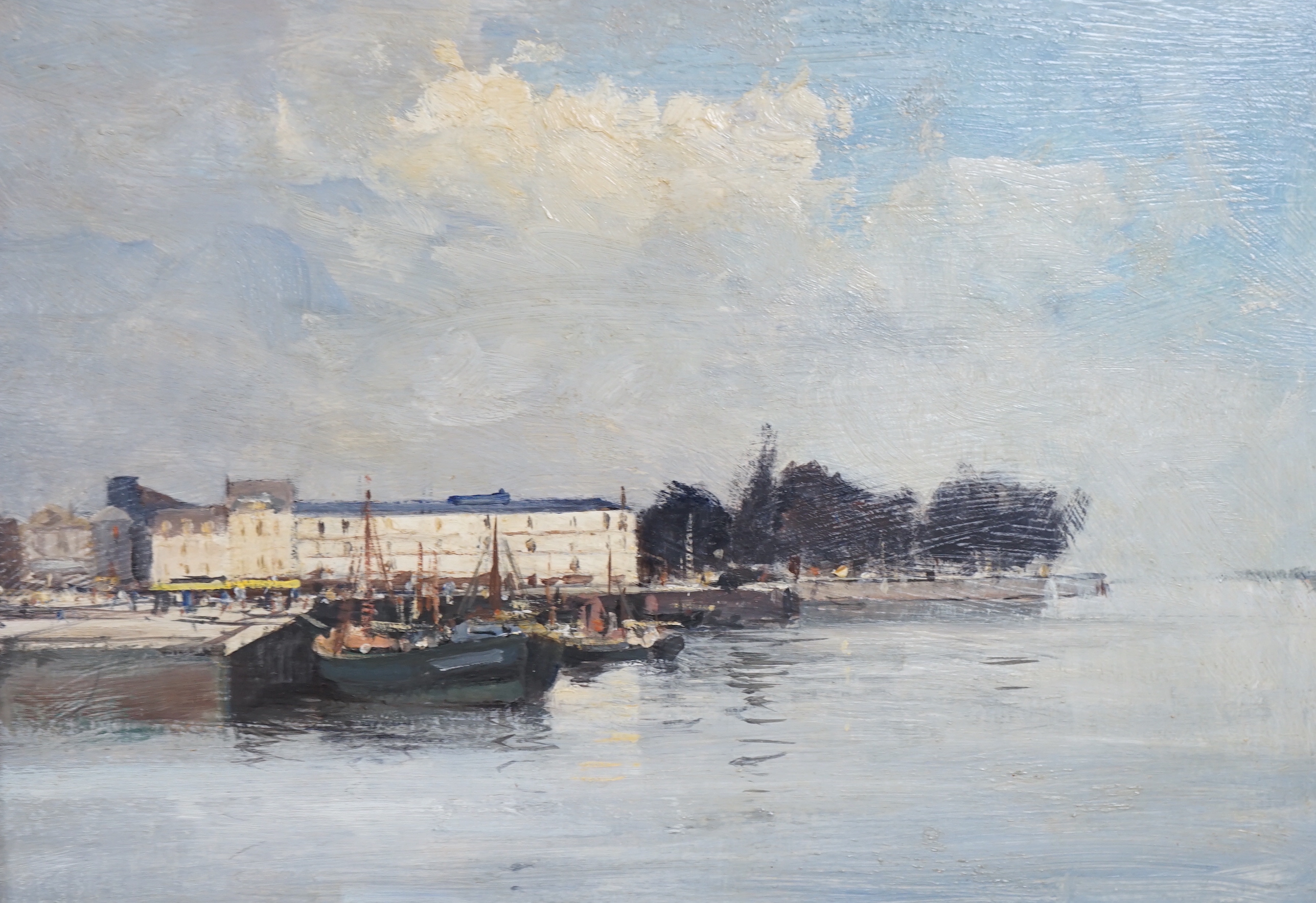 Ian Houston (1934-2021), oil on board, ‘’Honfleur Quayside’’, signed, 24 x 34.5cms